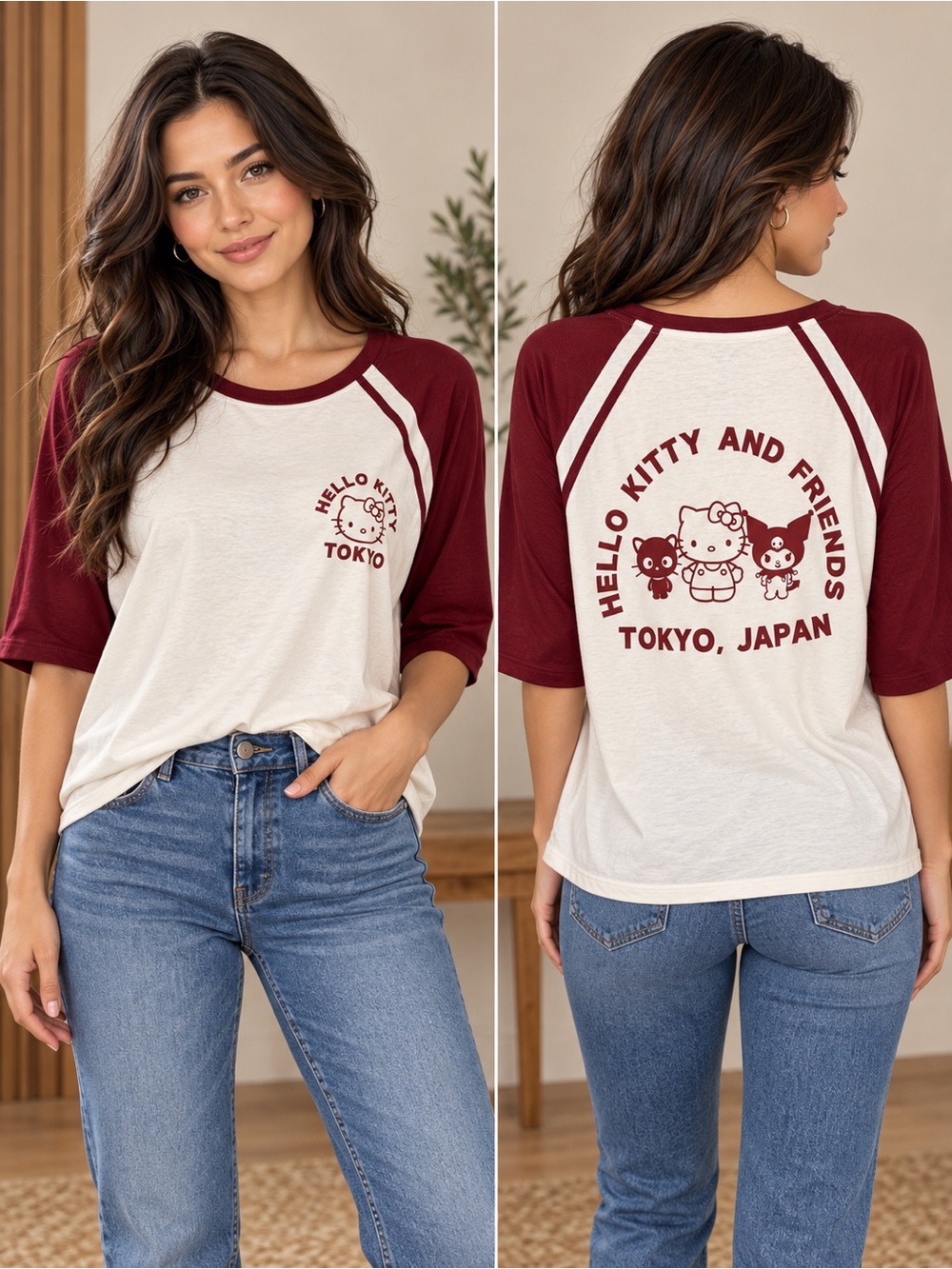 NWT XXL Hello Kitty White and Burgundy Baseball Tee